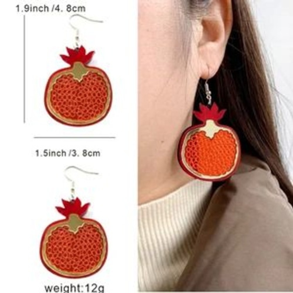 Red‎ Pomegranate Fruit Drop Earrings Gold Textured Seed Dangle Jewelry